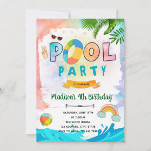 Tie dye pool birthday invitation