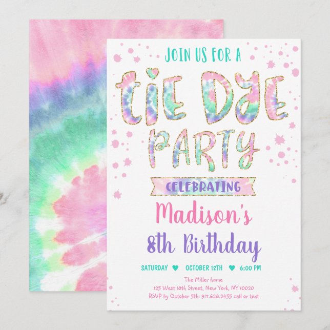 Tie Dye Rainbow Boho Hippie Girls Birthday Invitation (Front/Back)