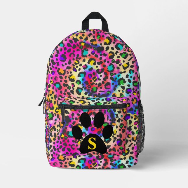 Tie Dye Rainbow Leopard Print Black Paw Cool Teens Printed Backpack (Front)