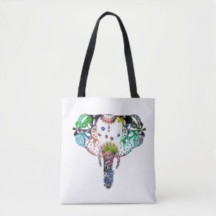 Tie dye rainbow line tangle elephant tote bag