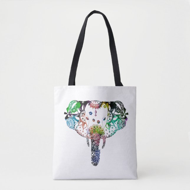 Tie dye rainbow line tangle elephant tote bag (Front)