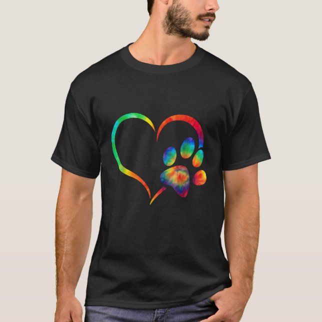 Tie dye rainbow pattern Dog Paw Print heart For Do T-Shirt (Front)