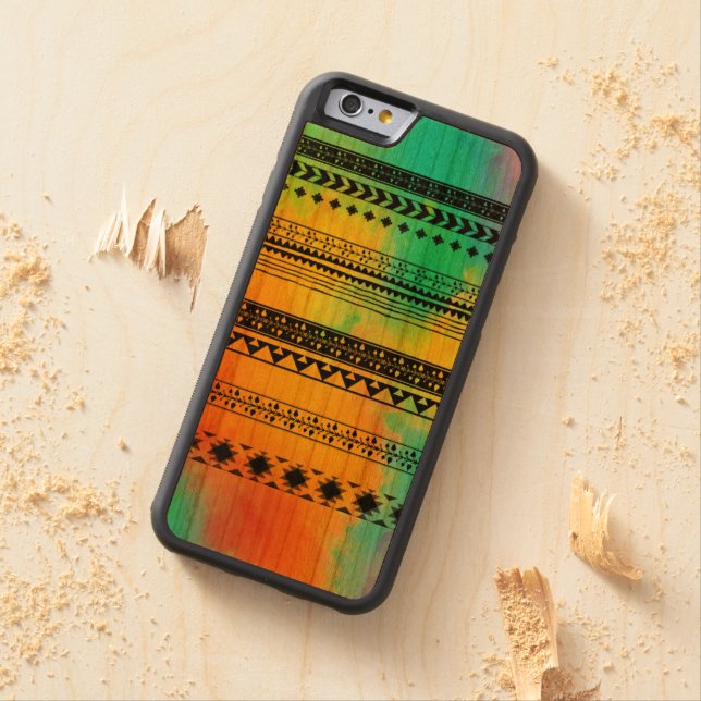 Tie-Dye Tribal Pattern Carved Wood iPhone Case (In Situ)