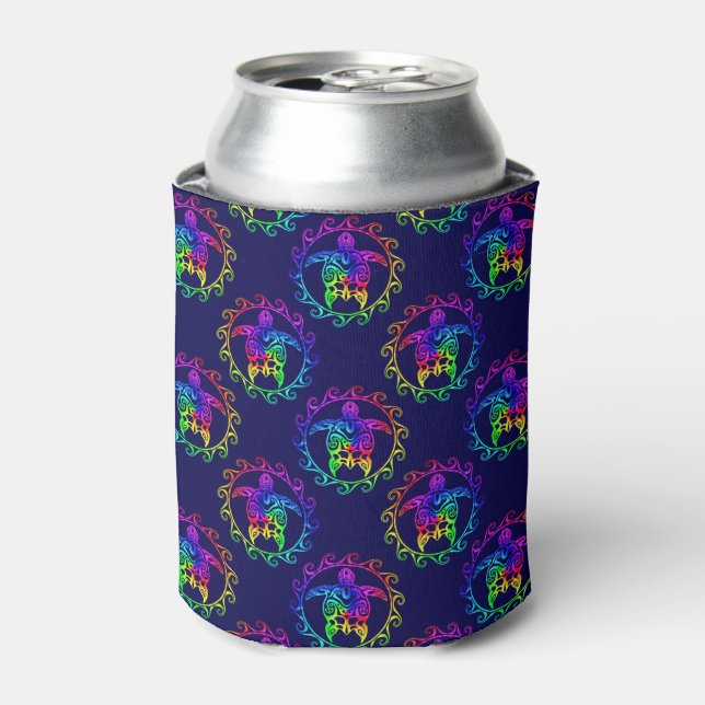 Tie Dye Tribal Turtle Moari Sun Blue Can Cooler (Can Front)
