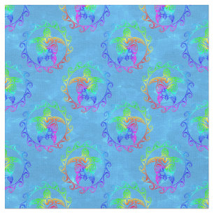 Tie Dye Tribal Turtle Moari Sun Light Blue Fabric