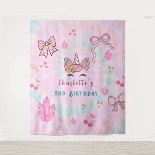  Tie Dye Unicorn Coquette Bow Birthday Backdrop  Tapestry