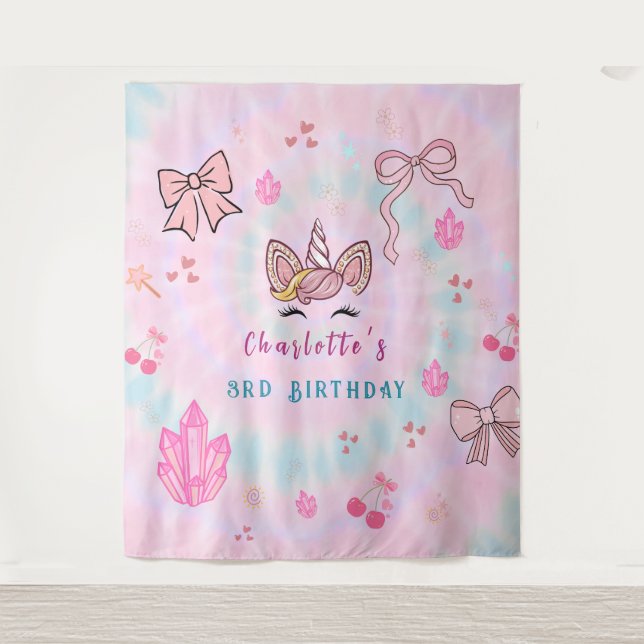  Tie Dye Unicorn Coquette Bow Birthday Backdrop  Tapestry (Front)
