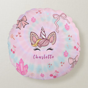  Tie Dye Unicorn Coquette Bow  Round Cushion