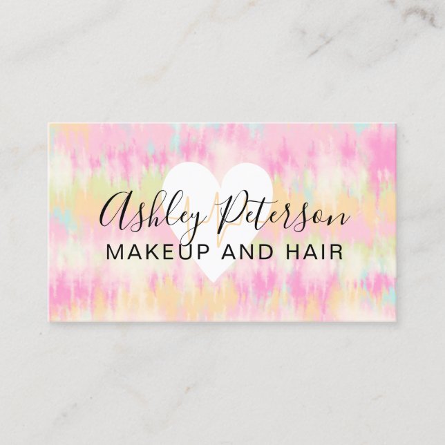 Tie dye unicorn rainbow heart makeup and hair business card (Front)