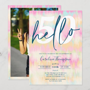 Tie dye unicorn rainbow pastel font photo hello 50 invitation