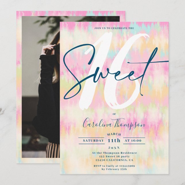 Tie dye unicorn rainbow pastel font photo Sweet 16 Invitation (Front/Back)
