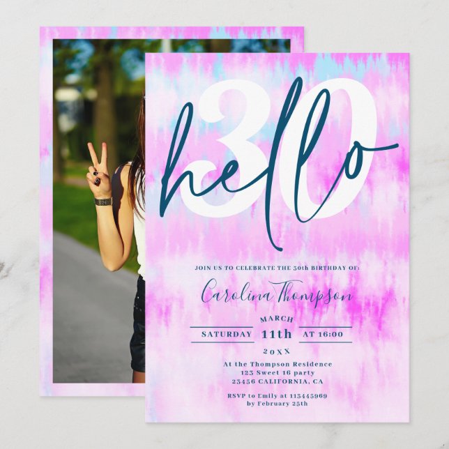 Tie dye unicorn rainbow pink font photo hello 30 invitation (Front/Back)
