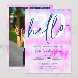 Tie dye unicorn rainbow pink font photo hello 30 invitation