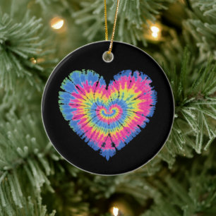 Tie Dye Valentines Colourful Hearts Day Ceramic Tree Decoration