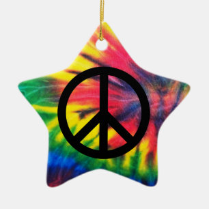 Tie Dyed Black Peace Sign Ceramic Tree Decoration