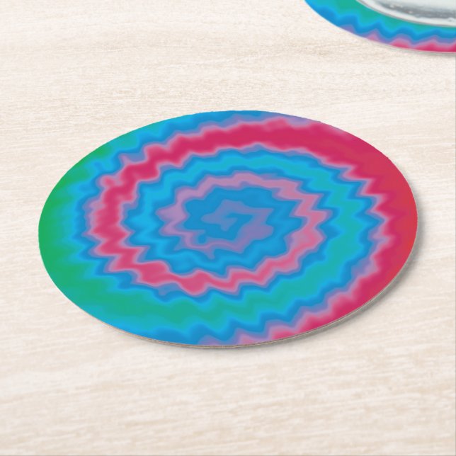 Tie dyed groovy funky retro swirl pattern cool round paper coaster (Angled)
