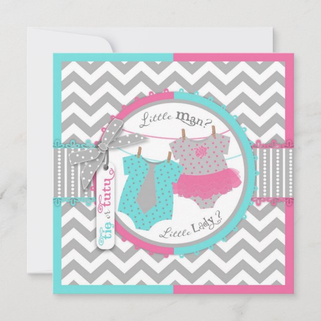 Tie or Tutu & Chevron Print Gender Reveal Party Invitation (Front)