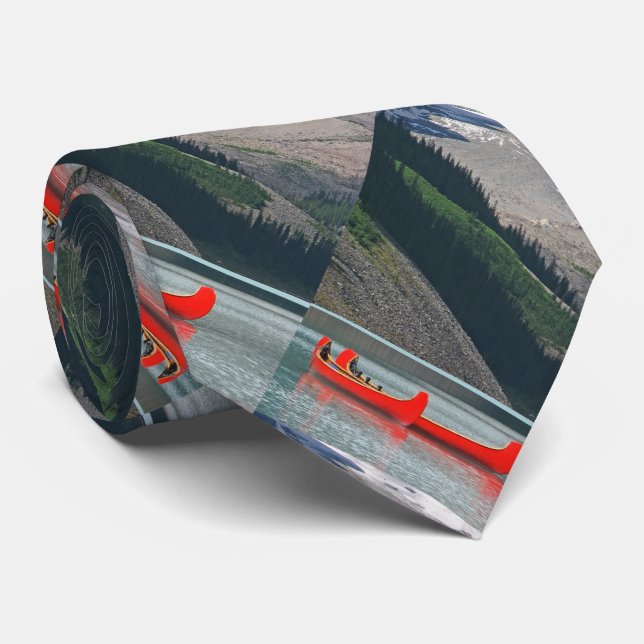Tie, Red Canoes, Mountains, Pattern Repeats Tie (Rolled)