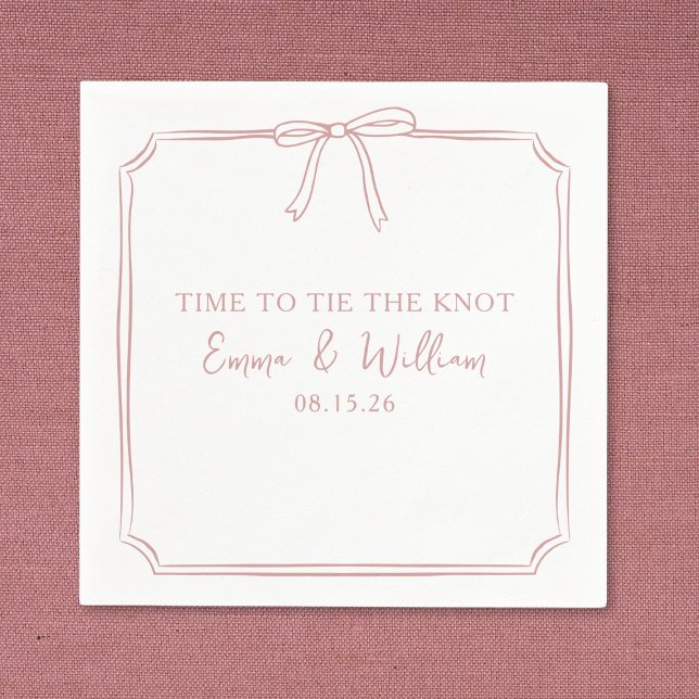 "Tie The Knot" Dusty Rose Bow Custom Names Wedding Napkin (Personalize chic dusty rose napkins with a bow—just right for your "Tie the Knot" celebration. )