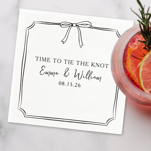 "Tie The Knot" Elegant Bow Custom Name Wedding Napkin (Chic custom napkins with a bow design—perfect for tying your personalized wedding style together. )