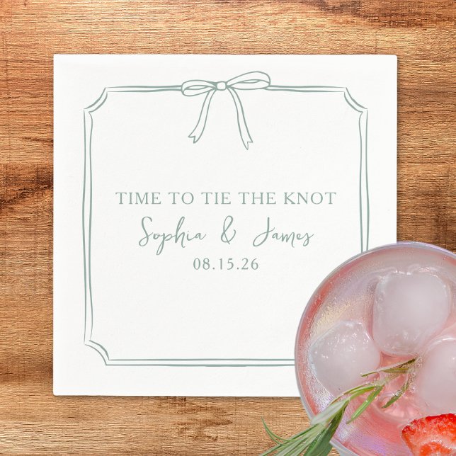 "Tie The Knot" Elegant Bow Sage Green Wedding Napkin (Custom sage green napkins with chic hand drawn bow design—perfect to "Tie the Knot" in style. )