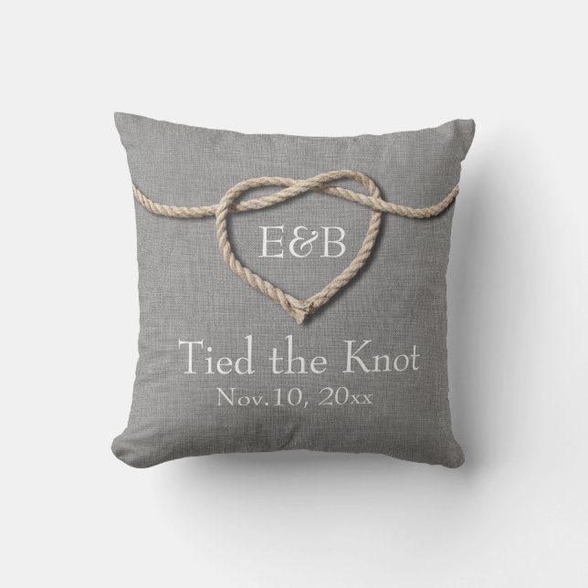 Tie the Knot Grey Burlap Wedding Pillow (Front)
