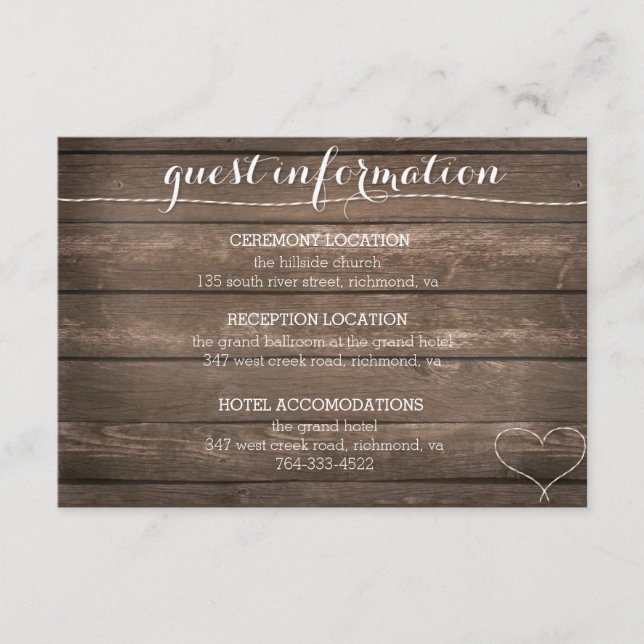 Tie the Knot Rustic Wood Wedding Information Card (Front)