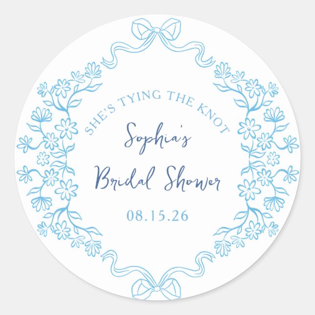  "Tie the Knot" Something Blue Bow Bridal Shower  Classic Round Sticker (Front)