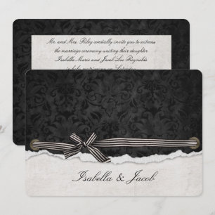 tied bow on black damask invitation