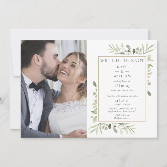 Tied The Knot Greenery Photo Wedding Announcement (Front)