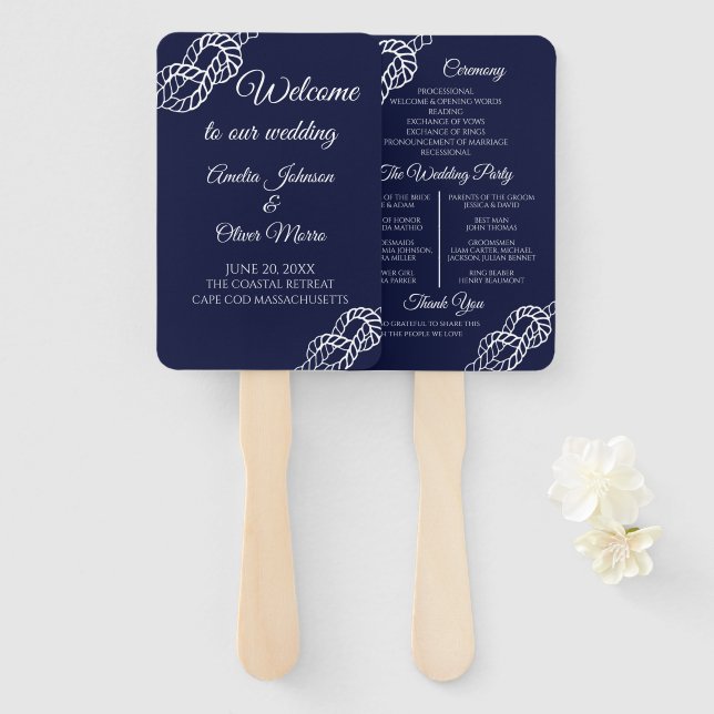 Tied The Knot Nautical Rope Navy Wedding program Hand Fan (Front and Back)