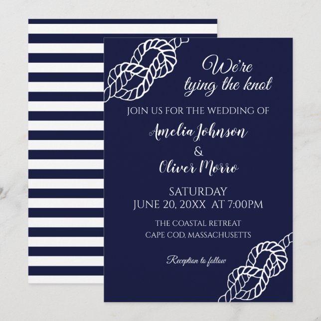 Tied The Knot Nautical Rope White Navy Wedding Invitation (Front/Back)