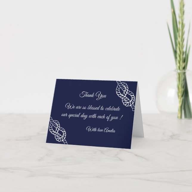 Tied The Knot Nautical Rope White & Navy Wedding Thank You Card (Front)