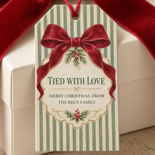 Tied With Love Christmas Red Bow Sage Stripes Gift Tags