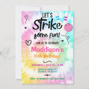 TieDye bowling strike Girl Birthday invite. Invitation