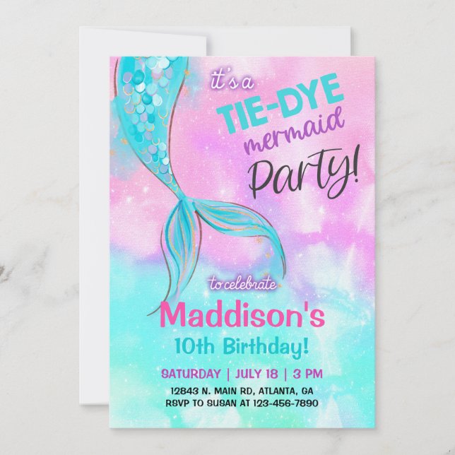 TieDye mermaid Girl Birthday invitation. Invitation (Front)