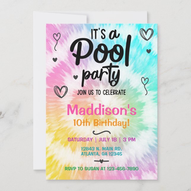 TieDye pool party Girl Birthday invite. Invitation (Front)
