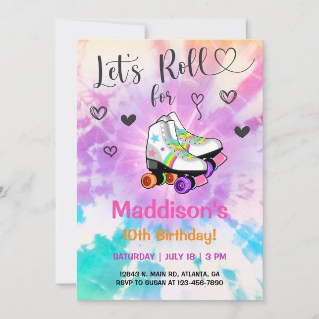 TieDye roller skating Girl Birthday invite. Invitation (Front)