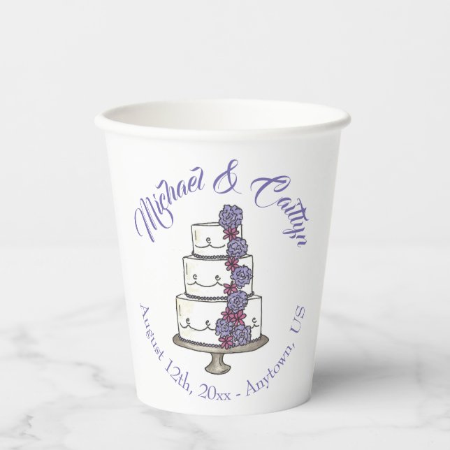Tiered Purple Floral Wedding Cake Bridal Shower Paper Cups (Front)