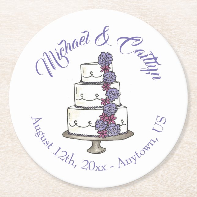 Tiered Purple Floral Wedding Cake Bridal Shower Round Paper Coaster (Front)