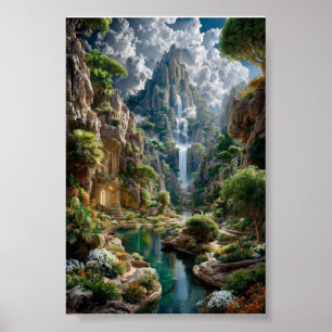 Tiered Waterfall Fantasy Mountain – Ancient Castle Poster