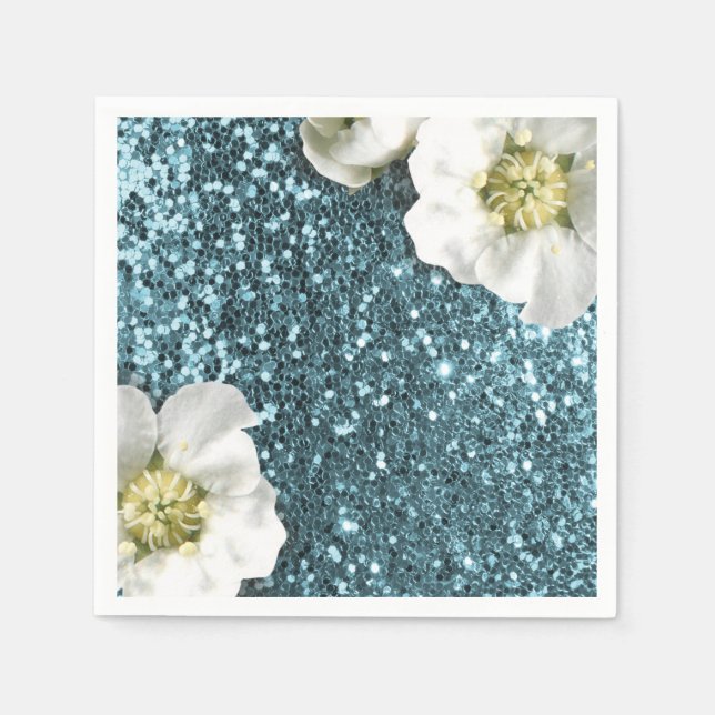 Tiffany Aqua Beach Blue Jasmine Glitter Sequin Napkin (Front)