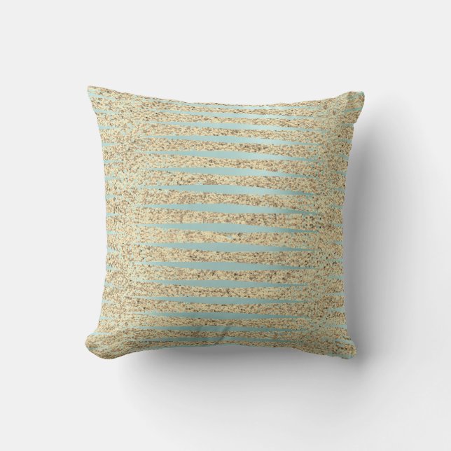 Tiffany Aqua Blue Foxier  Gold Glitter Stripes Cushion (Front)