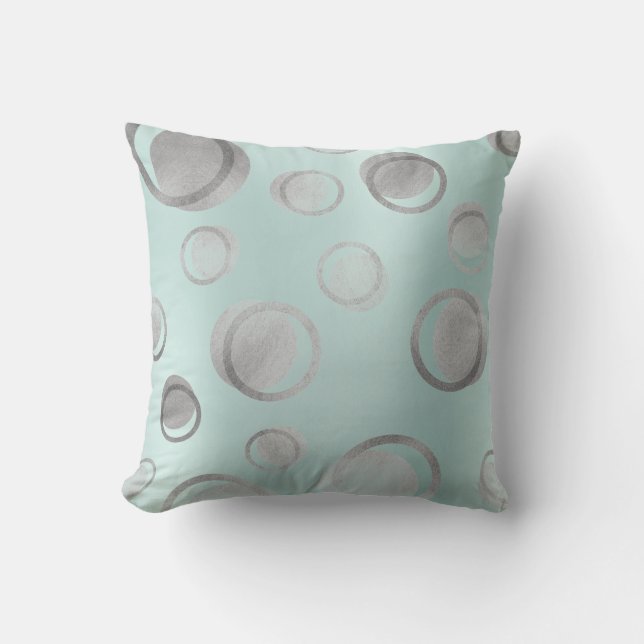 Tiffany Aqua Blue Silver Metallic Circle Dots Gray Cushion (Front)
