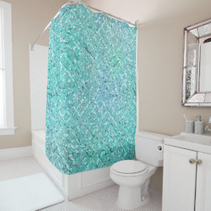 Tiffany Aqua Ocean Beach White  Blue Crystals Shower Curtain