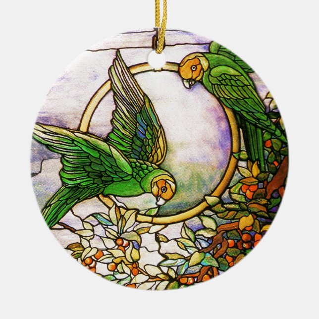 Tiffany Art Nouveau Stained Glass Parrots Ornament (Front)