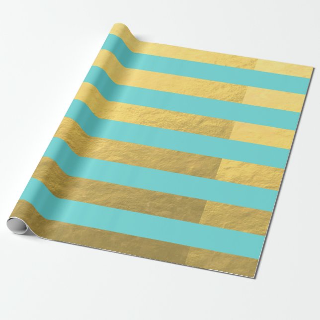 Tiffany Blue and Gold Foil Stripes Printed Wrapping Paper (Unrolled)
