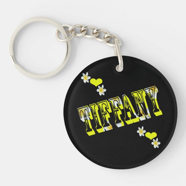 Tiffany, Ladies Name Logo With Frangipani Flowers, Key Ring (Front)