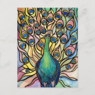 Tiffany Peacock Stained Glass style postcard