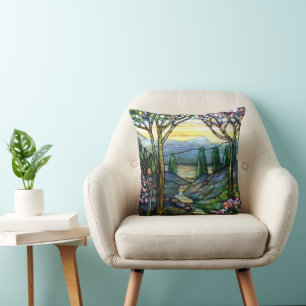 Tiffany Stained Glass Mountains and Stream Cushion